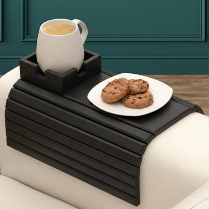FUN FOREST Bamboo Couch Holder - Non-Slip Furniture Protector, Sofa Armrest Table for Mugs & Tumblers – Weighted 16” Large Black Bamboo Holder for Recliners and Loveseats