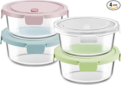 30oz Glass Meal Prep Containers with Lids, Airtight 3.75 Cup Food Storage Containers Set, Heat-Resistant BPA-Free Glass Containers for Soup Leftover, Microwave, Dishwasher, and Freezer Safe (4 Packs)