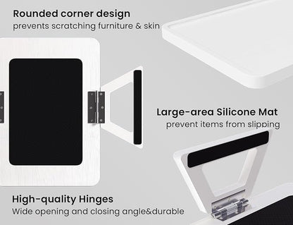 2 Pack Couch Arm Tray,Bamboo Folding Sofa Tray,Sofa Armrest Trays Clip-On Couch Desk for Drinks,Snacks,Phone,Remote Control（White）