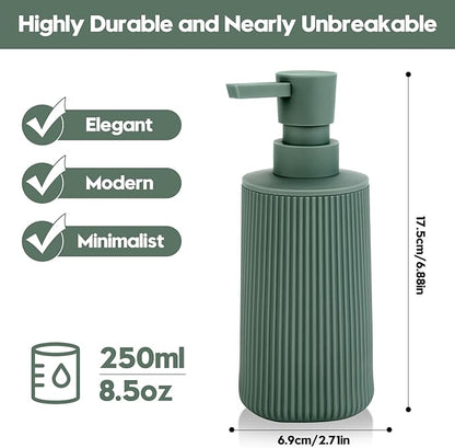 Small Soap Dispenser for Bathroom and Kitchen, Modern Farmhouse Striped Style Plastic Hand Soap Dish Soap Dispenser with Pump Matte Green