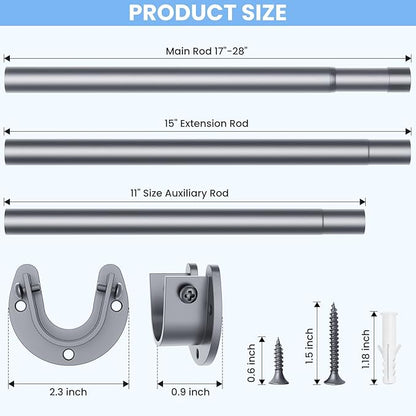 Closet Rods for Hanging Clothes, 17 to 28 Inches No-Cut Stepless Adjustable Closet Rod, 1.3 Inches Expandable Metal Heavy Duty Closet Hanging Rod for Closet Wardrobe Bathroom Laundry RV, Silver