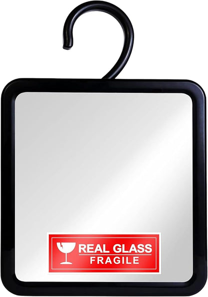MIRRORVANA Real Glass Hanging Fogless Shower Mirror - Distortion-Free & Adjustable Swivel Hook for Effortless Shaving - Fill Back Chamber/Reservoir with Hot Water for Anti-Fog Effect (8" x 7", Black)