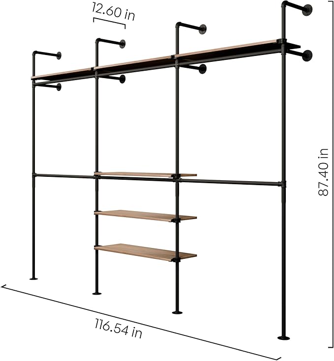 pamo Industrial Pipe Clothing Rack with Shelf – Wall Mounted Black Closet System in Powder-Coated Steel – 116.54" W × 87.4" H – Easy Setup – Ideal for Walk-In Closets & Retail Use