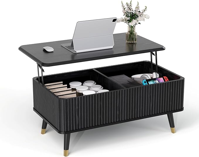 SULIVES Lift Top Coffee Table with Storage,Fluted Coffee Table with Lifting Top,Mid Century Modern Center Table with Solid Wood Legs,Small Coffee Tables for Living Room,Black