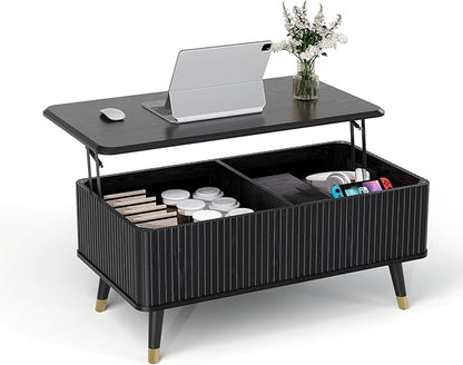 SULIVES Lift Top Coffee Table with Storage,Fluted Coffee Table with Lifting Top,Mid Century Modern Center Table with Solid Wood Legs,Small Coffee Tables for Living Room,Black