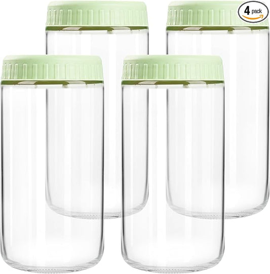 SHOWIN Overnight Oats Containers with Lids, 24oz Glass Jars with Lids 4 pcs, Light Green, Wide Mouth Mason jars for Salad, Yogurt, Snacks, Meal Prep