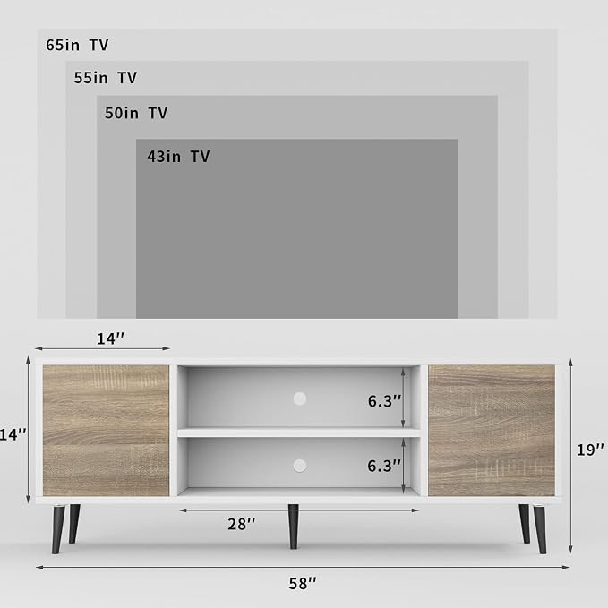 JUMMICO TV Stand for 65 Inch TV, Mid Century Modern TV Stand, Entertainment Center with Storage Cabinet and Open Shelves, TV Console Table Media Cabinet for Living Room, and Bedroom (Oak)