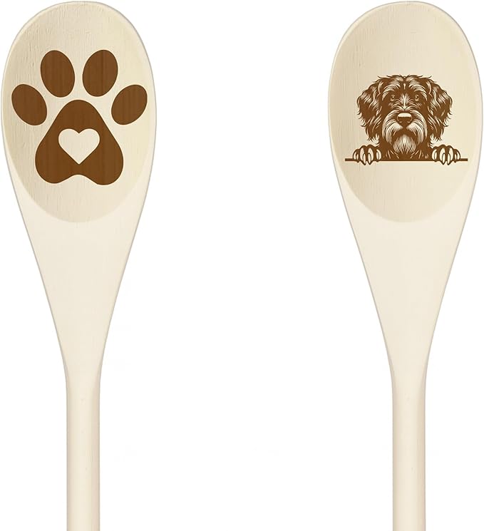 GERMAN WIREHAIRED Wooden Spoons for Cooking, Serving or Decorative Kitchen Utensils Set Dog Lover Dog Mom/Dad Gift with Peeking Dog Designs, Paw Print and Dog Head, Kitchen Utensils Set of 2