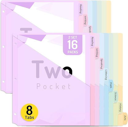 Forvencer 16 Count Dividers with Two Pockets, 8 tab Binder Dividers for 3 Ring Binder Organizer, Binder Divider with Tabs for School Office and Home Organization, Multicolor, 2 Sets