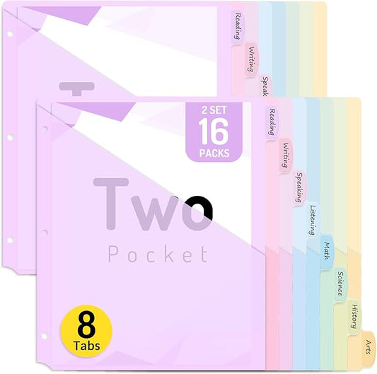 Forvencer 16 Count Dividers with Two Pockets, 8 tab Binder Dividers for 3 Ring Binder Organizer, Binder Divider with Tabs for School Office and Home Organization, Multicolor, 2 Sets