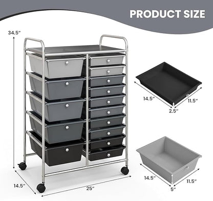 LDAILY 15 Drawer Rolling Storage Cart, Rolling Cart with Drawers for Classroom, Art Supply Craft Organizer on Wheel with Metal Frame & Handles for Home Office School