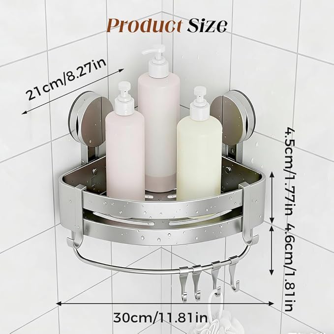Bathroom Triangle Shelf, 2026 Upgraded Bathroom Storage Rack Corner Shower Shelves No Drilling Suction Cup Shower Organizer with Towel Bar and Hooks Removable (2, Rectangular)