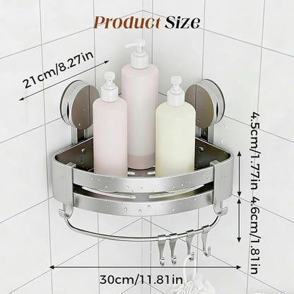 Bathroom Triangle Shelf, 2026 Upgraded Bathroom Storage Rack Corner Shower Shelves No Drilling Suction Cup Shower Organizer with Towel Bar and Hooks Removable (1, Rectangular)