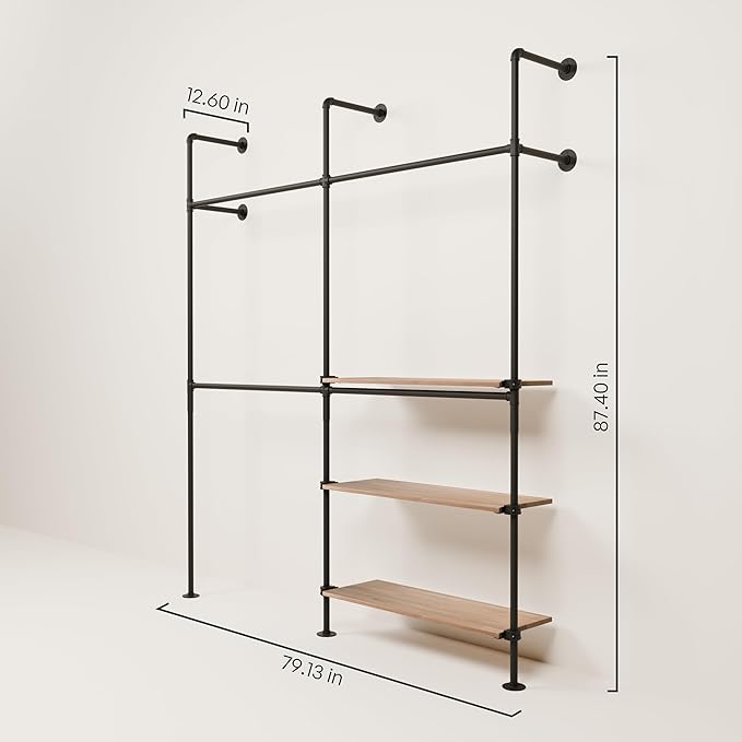 pamo Industrial Pipe Clothing Rack with Shelf – Wall Mounted Black Closet System in Powder-Coated Steel – 79.13" W × 87.4" H – Easy Setup – Ideal for Walk-In Closets & Retail Use