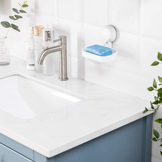 LEVERLOC Soap Dish Holder for Shower Suction Cup Wall Mounted Self Draining NO-Drilling Removable Bar Soap Sponge Holder for Bathroom Bathtub Kitchen Sink Waterproof Strong Vacuum Suction Adhesion