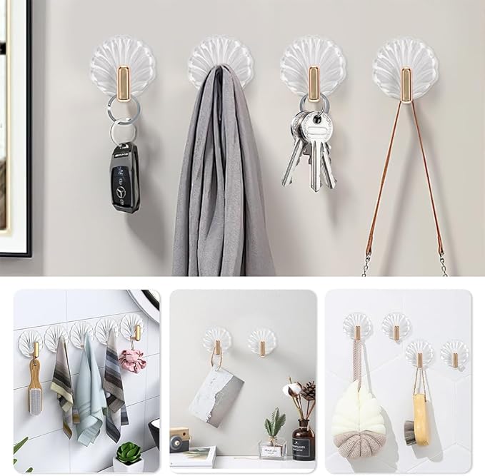 8PCS Shell Clear Adhesive Hooks - No Drill Removable Waterproof for Bathroom, Shower, Kitchen, Reusable Transparent Damage-Free Towels, Bath Sponges & Small Items (Space-Saving)