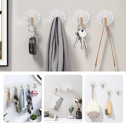 8PCS Shell Clear Adhesive Hooks - No Drill Removable Waterproof for Bathroom, Shower, Kitchen, Reusable Transparent Damage-Free Towels, Bath Sponges & Small Items (Space-Saving)