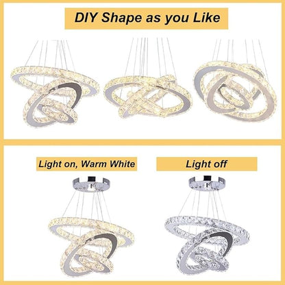 Modern LED Crystal Chandeliers 3 Ring Round Pendant Lighting Fixtures DIY Stainless Steel Ceiling Lamp Hanging Lights for Living Room Dining Room Bedroom Kitchen (Warm Light)