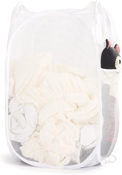 TECHMILLY Collapsible Mesh Pop Up Laundry Hamper with Sturdy Handles and Side Pocket - Portable Foldable Clothes Baskets for Dorm, Bathroom & Travel Storage (White)