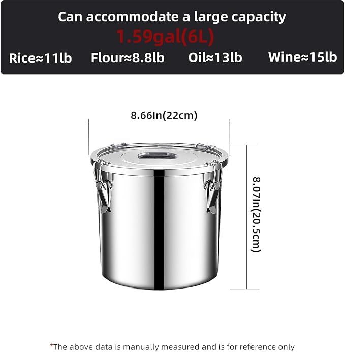stainless steel food storage containers with lids lock clips airtight container large airtight for rice flour sugar grain coffee bean storage containers Kitchen jar (1.59gal/6L)