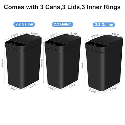 Anborry Bathroom Automatic Trash Can 3 Pack 2.2 Gallon Motion Sensor Touchless Small Slim Garbage Can with Lid Smart Electric Narrow Garbage Bin for Bedroom Living Room Office Kitchen (Black)