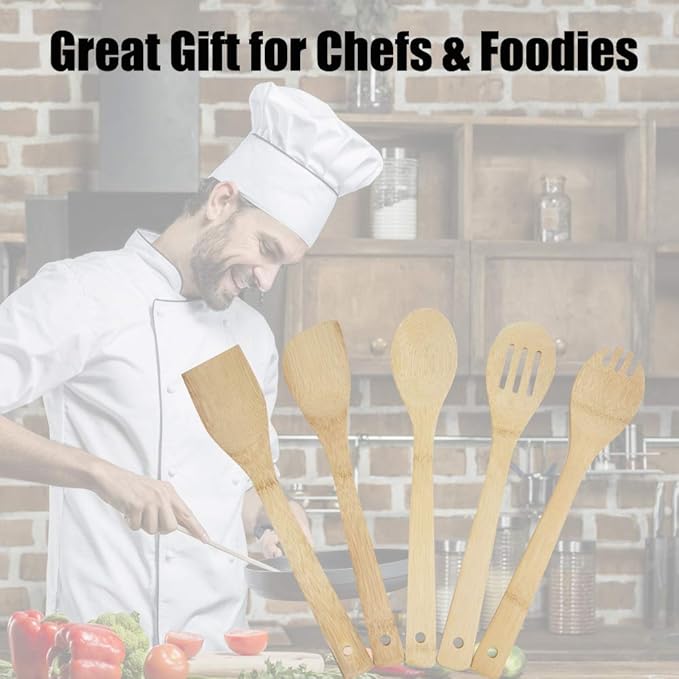 Print Supremacy 5 PCS Natural Eco-Friendly Bamboo Cooking Utensil Set/Spoon,Folk & Spatula Mix/Non Stick Wooden Kitchen Gadgets Pan Cookware Baking Cooking/Great Gift For Chefs & Foodies