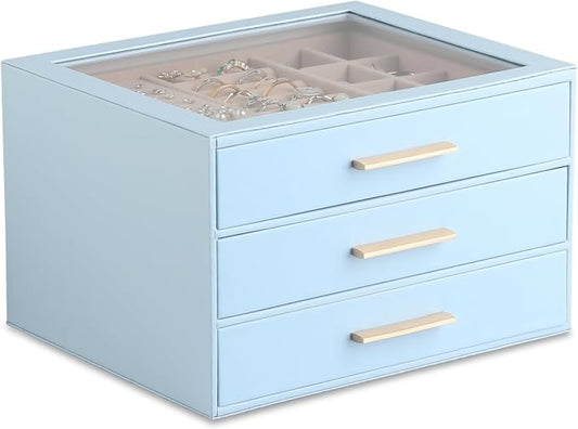 Frebeauty Clear Lid Jewelry Box,3-Layer Jewelry Organizer with Drawer,PU Leather Jewelry Organizers and Storage,Jewelry Boxes for Women,Jewelry Storage for Rings Earring Stud,Gift for Women(Sky Blue)