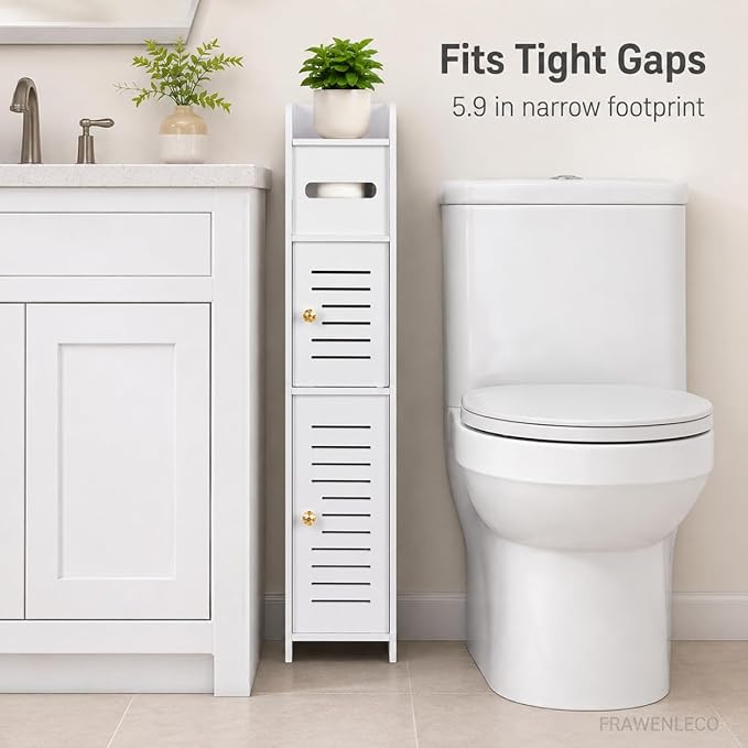 Toilet Paper Holder Stand with Storage Cabinet, Slim Floor Standing Shelf, White, 5.9" D x 5.9" W x 31.5" H, for Small Bathroom Spaces