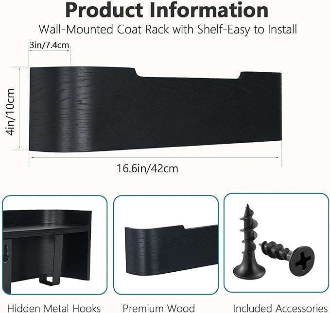 Coat Rack Wall Mount with Shelf 4 Hidden Hooks Modern Wooden Key Holder Entryway Organizer for Hallway Bedroom Bathroom Home Decor Storage for Hanging Coats Hats Bags Towels, Black