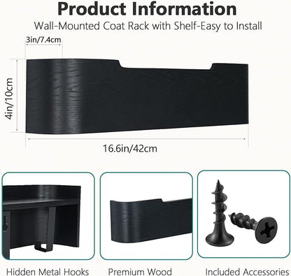 Coat Rack Wall Mount with Shelf 4 Hidden Hooks Modern Wooden Key Holder Entryway Organizer for Hallway Bedroom Bathroom Home Decor Storage for Hanging Coats Hats Bags Towels, Black
