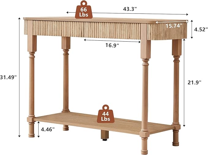 Fluted Console Table for Entryway, 43.3'' Narrow Entryway Tables with 2 Wooden Drawers, Retro Sofa Table Behind Couch Accent Tables for Foyer, Living Room, Hallway (Natural)