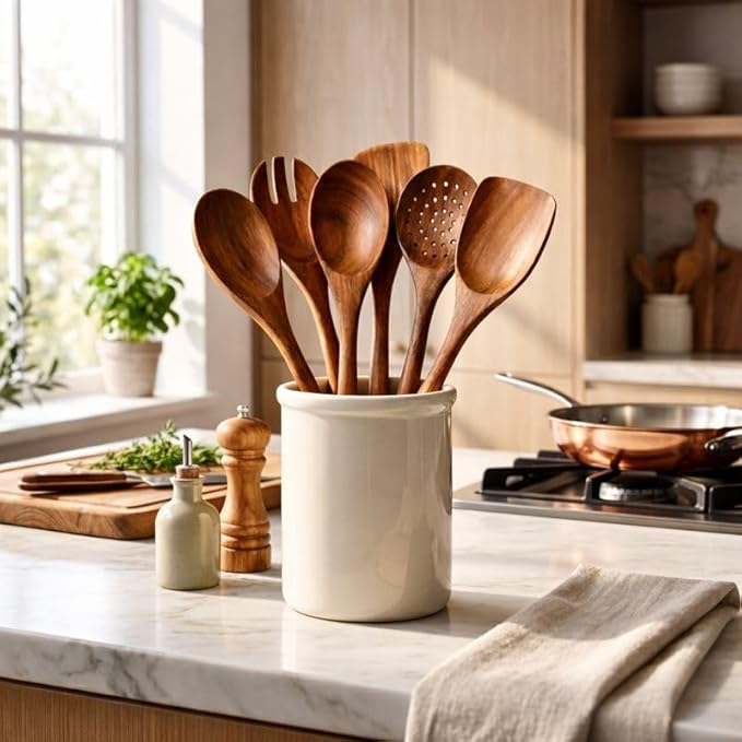 6 Piece Teak Wood Utensil Set - Non Toxic, Handmade Cooking Spoons & Spatulas for Nonstick Cookware - Includes Wok Spatula, Skimmer & Salad Set - Heat Resistant Kitchen Utensil Gift Set