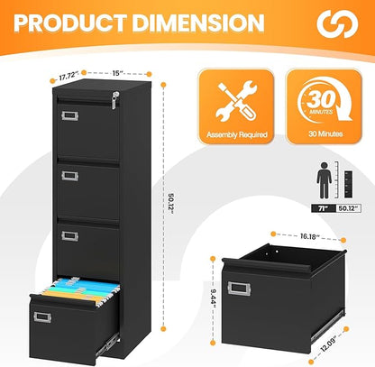 4 Drawer File Cabinet with Lock, Metal File Cabinets for Home Office,18" Deep Vertical Black Filing Cabinets Office Storage Cabinet for Letter/Legal / A4 / F4 Size, and File Folders