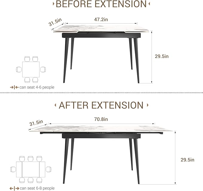 Honyee Extendable Rectangular Dining Table, 47–71 Inch Expandable Kitchen & Dining Room Table for 4–8, Easy-Clean Marble-Look Sintered Stone Top, Modern Dining Table for Small Spaces
