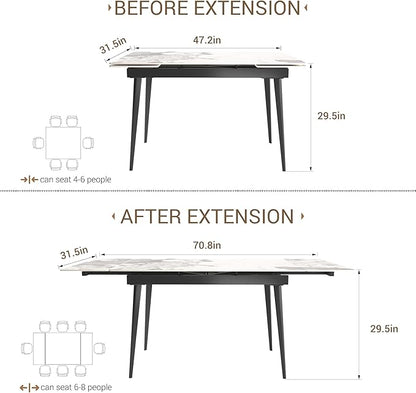 Honyee Extendable Rectangular Dining Table, 47–71 Inch Expandable Kitchen & Dining Room Table for 4–8, Easy-Clean Marble-Look Sintered Stone Top, Modern Dining Table for Small Spaces