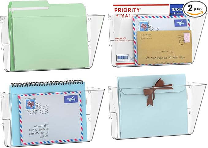 Gawerk 4 Pack Clear Single Pocket Wall File Holder Hanging Wall Organizer, Wall Mount Mails Magazines Organizer for Office and Home