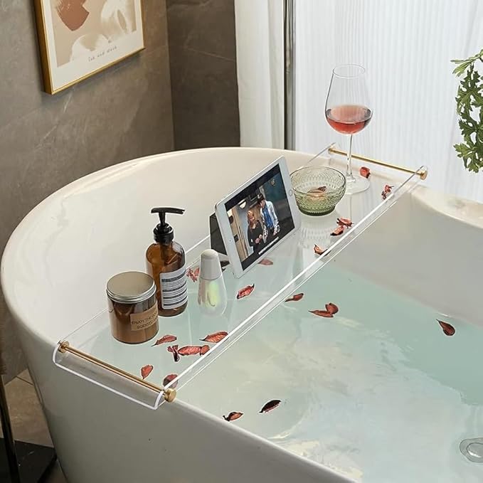 Bathtub Tray Clear Caddy Rack: Acrylic Tub Tray Shelf with Gold Rails to Hold Book Phone Candle Wine - Waterproof Bathtub Accessories, Luxury Gifts for Women