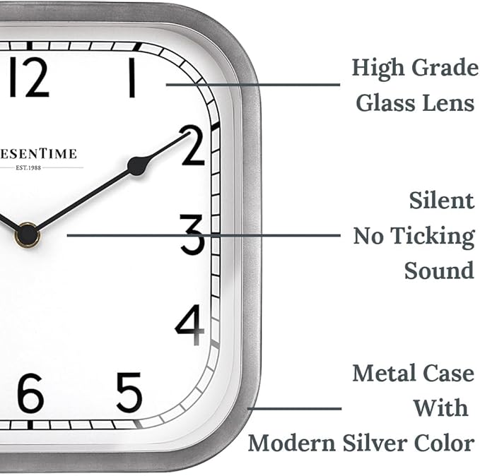 Presentime & Co 10" Anton Vintage Square Clock, Silent No Ticking, Wall & Mantel 2 in 1, Desk and Shelf Clock, Tabletop Décor, Modern Silver Color