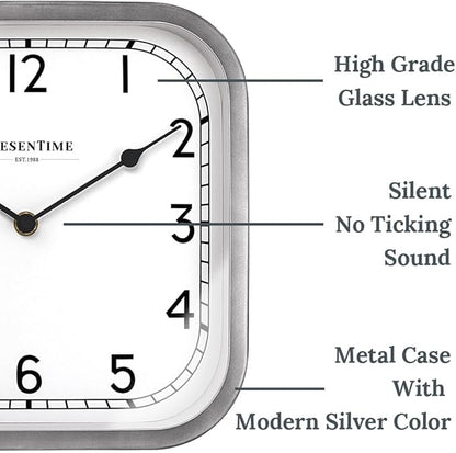 Presentime & Co 10" Anton Vintage Square Clock, Silent No Ticking, Wall & Mantel 2 in 1, Desk and Shelf Clock, Tabletop Décor, Modern Silver Color