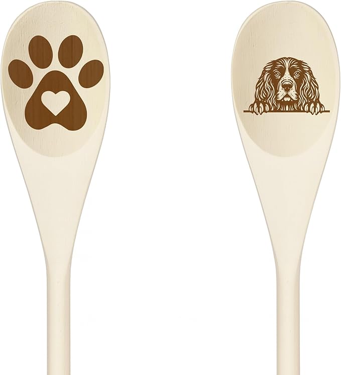 ENGLISH SPRINGER SPANIEL Wooden Spoons for Cooking, Serving or Decorative Kitchen Utensils Set Dog Lover Dog Mom/Dad Gift with Peeking Dog Designs, Paw Print and Dog Head, Kitchen Utensils Set of 2