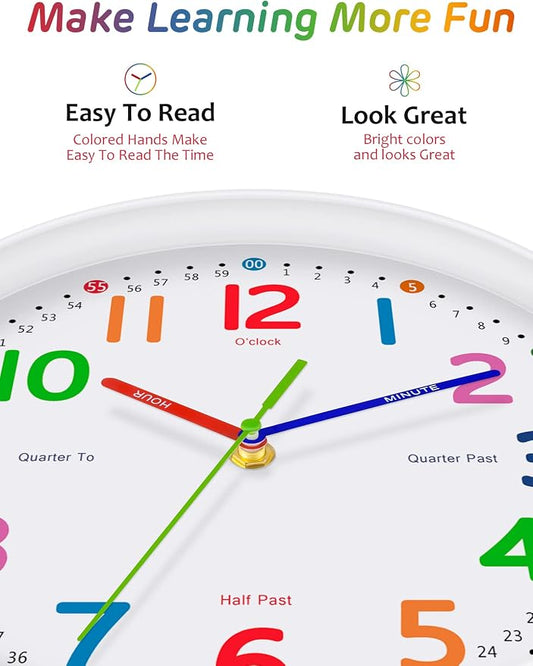 Silent Kids Wall Clock – Non-Ticking, Battery-Powered, Ideal for Teaching Time and Stylish Décor in Any Room - 12 Inch