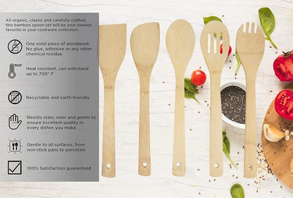 Print Supremacy 5 PCS Natural Eco-Friendly Bamboo Cooking Utensil Set/Spoon,Folk & Spatula Mix/Non Stick Wooden Kitchen Gadgets Pan Cookware Baking Cooking/Great Gift For Chefs & Foodies