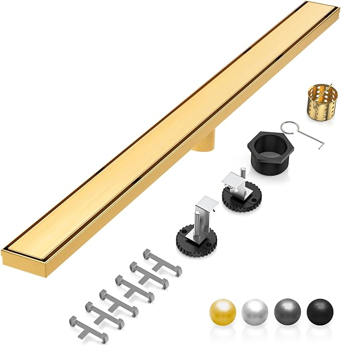 DLONE Linear Shower Drain | 60" AISI 304 Stainless Steel Linear Drain, Brushed Gold Shower Drain with Tile Insert Panel & Adjustable Feet, Long Rectangle Shower Floor Drain in Bathroom, Balcony, etc