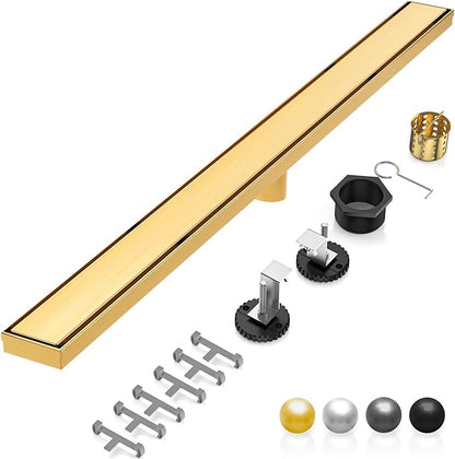 DLONE Linear Shower Drain | 60" AISI 304 Stainless Steel Linear Drain, Brushed Gold Shower Drain with Tile Insert Panel & Adjustable Feet, Long Rectangle Shower Floor Drain in Bathroom, Balcony, etc
