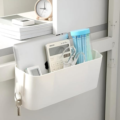 Bedside Organzier Caddy Hanging, Plastic Bunk Bed Shelf with Hooks, Large Storage Holder for Dorm Room Bed, Hospital Bed, Baby Bed Rails, 11 Lbs / 5 Kg Capacity (White)