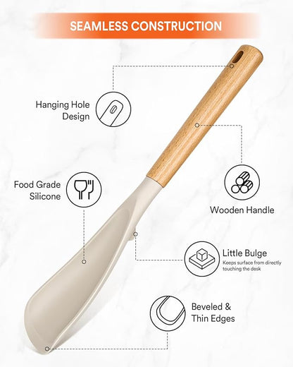Cooking Spoon for Nonstick Cookwares, Great for Cooking and Serving Sturdy BPA-Free Matte Silicone, Wood Handle Spoon for Mixing, Scoop, and Scrape (2 Pack of Khaki, 13.4 inch)