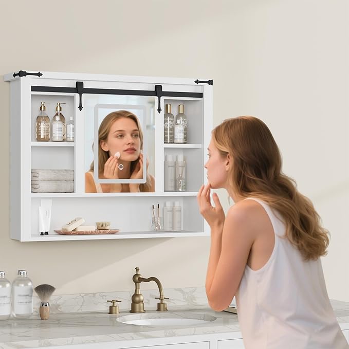 QUW 31" Farmhouse Bathroom Wall Cabinet, Bathroom Medicine Cabinets with Mirror, Over Toilet Wall Storage Cabinet, 3 Lighting Modes, Adjustable Brightness, Jewelry Holder, Sliding Door, White