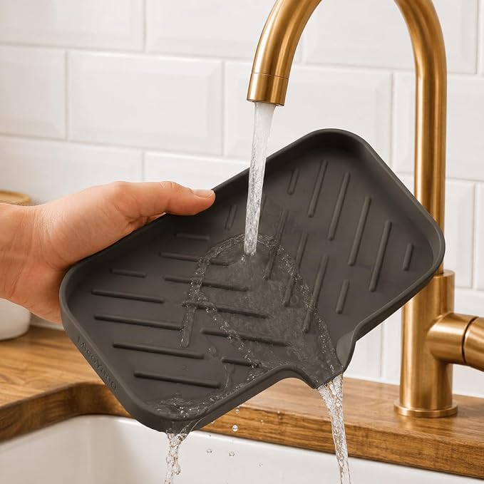 MicoYang Silicone Soap Dish with Drain Spout — Self-Draining Sink Organizer Tray for Bathroom & Kitchen, Sponges, Dispensers & Soap Holder, Non-Slip & Dishwasher Safe, Coffee (Medium, 9.6"×5.3")