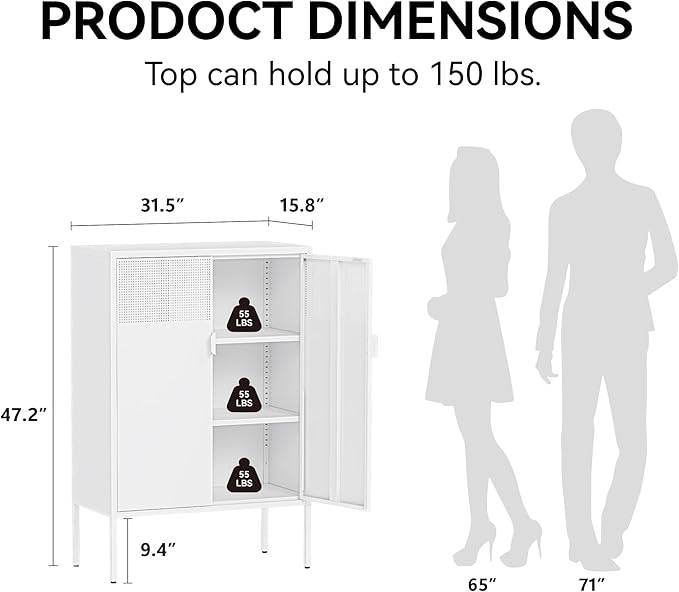 COFaR White Metal Storage Cabinet with Adjustable Shelves, 47”H Modern Buffet Sideboard & Coffee Bar Cabinet with Magnetic Doors, Ventilated Steel Organizer for Kitchen, Dining Room, Home Office