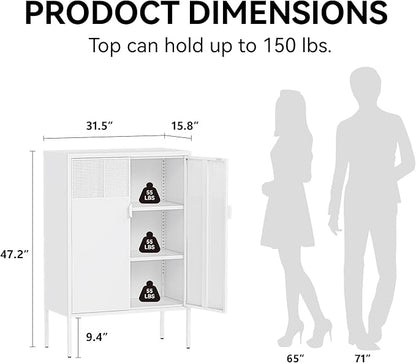 COFaR White Metal Storage Cabinet with Adjustable Shelves, 47”H Modern Buffet Sideboard & Coffee Bar Cabinet with Magnetic Doors, Ventilated Steel Organizer for Kitchen, Dining Room, Home Office